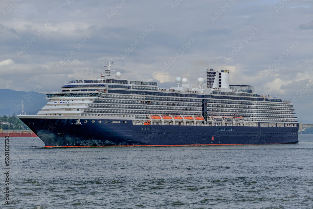 Naklejka premium Holland America HAL cruiseship cruise ship liner Noordam departing port of Vancouver, Canada for Alaska cruise