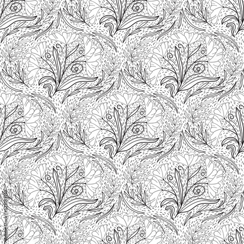 Floral seamless pattern in black and white line style with damask tile motif. Doodle flowers textile print. Vintage nature graphic.big flowers and leaves