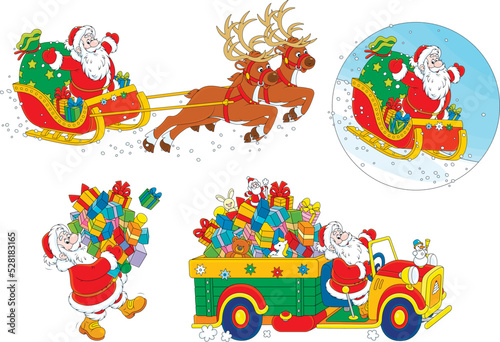Vector cartoon set of funny Santa Claus with Christmas gifts in his magic sled and car