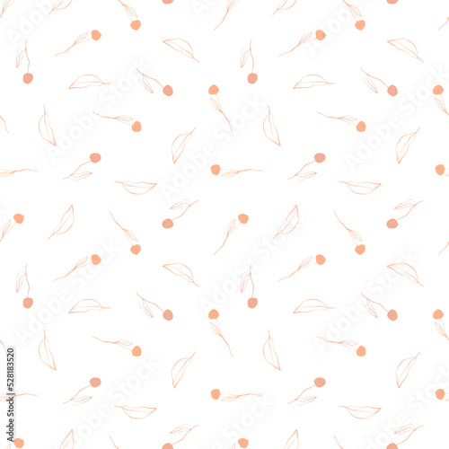 Abstract autumn seamless pattern with uneven shapes, spots, lines, sprig of berries. Hand drawn. Isolated on white background.