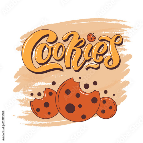 Cookies logo with a chocolate drop, cookies with the chocolate chip, hand lettering,  vector illustration. Logo. Bitten cookie. Cartoon Style for card, packaging, Banner, Flyer, Sticker, dessert