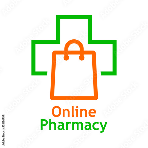 Logo tienda de farmacia en línea. Medicamentos en línea. Bolsa de la compra con cruz farmacia lineal