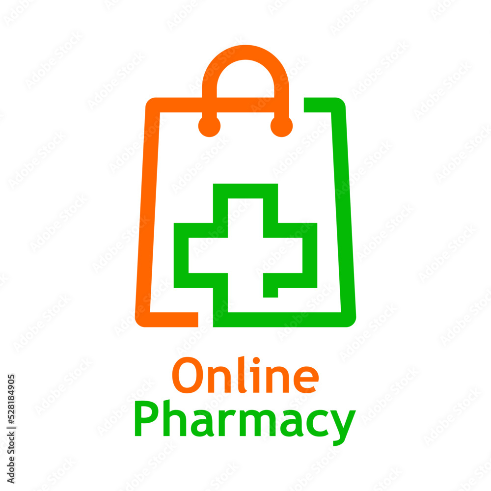 Logo tienda de farmacia en línea. Medicamentos en línea. Bolsa de la compra con cruz farmacia lineal Logo tienda de farmacia en línea. Medicamentos en línea. Bolsa de la compra con cruz farmacia lineal