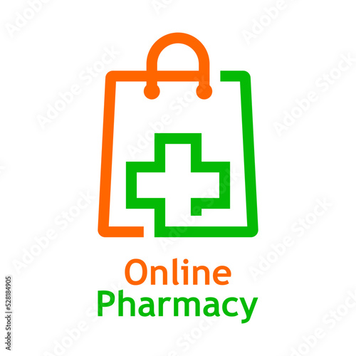 Logo tienda de farmacia en línea. Medicamentos en línea. Bolsa de la compra con cruz farmacia lineal