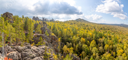 Beautiful view from the Inzer rocks to Iremel mountain and the Ural mountains. Russia, South Ural, Bashkortostan Republic, Beloretsky district, near the Tirlyansky village. photo