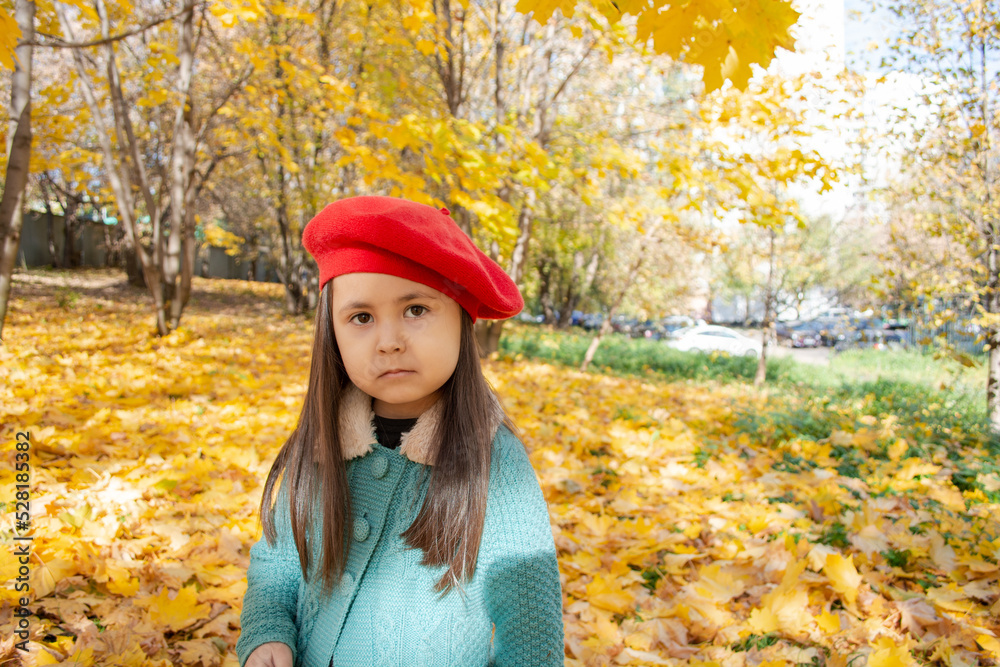 Portrait Cute child in red beret and green knitted coat against the background of yellow leaves the autumn forest. Autumn mood and concept. Portrait Cute child in red beret and green knitted coat against the background of yellow leaves the autumn forest. Autumn mood and concept.