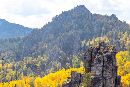 Inzer teeth (Inzer rocks) near the Tirlyansky village. Russia, South Ural, Bashkortostan Republic, Beloretsky region. photo