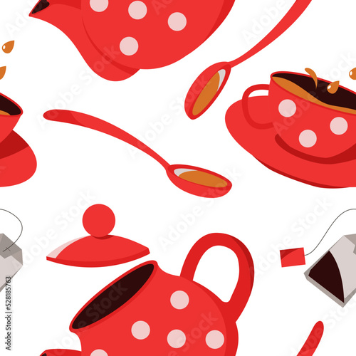 Vector seamless colorful pattern set with crockery for tea