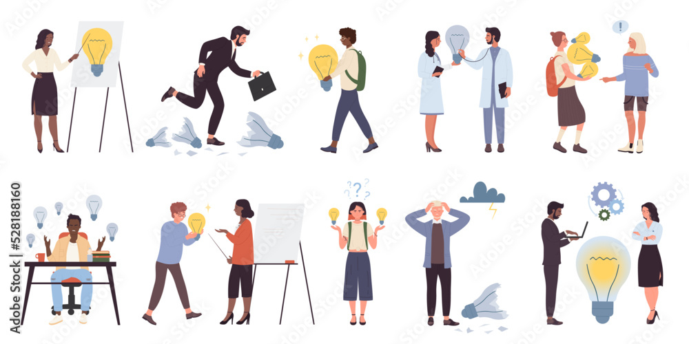 Business ideas and innovation, people with light bulbs set vector illustration. Cartoon isolated smart characters work on intellectual troubles and study, holding big lightbulbs and brainstorming,