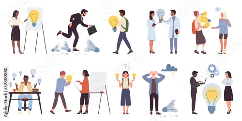 Business ideas and innovation, people with light bulbs set vector illustration. Cartoon isolated smart characters work on intellectual troubles and study, holding big lightbulbs and brainstorming,
