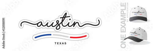 Austin Texas USA, abstract Texas flag ribbon, new modern handwritten typography calligraphic logo icon with example of application
