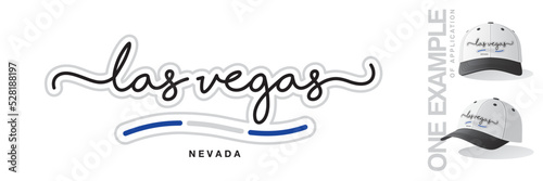 Las Vegas Nevada USA, abstract Las Vegas flag ribbon, new modern handwritten typography calligraphic logo icon with example of application