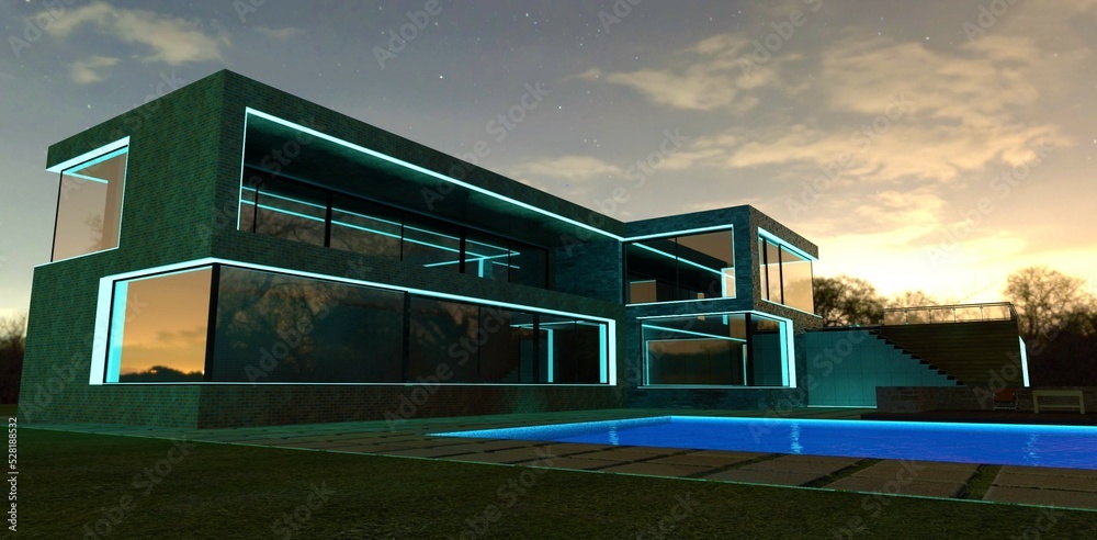 A wonderful sunset in an advanced villa illuminated by a light blue LED strip along the entire facade. Lighting creates an exclusive image of the building. 3d render.