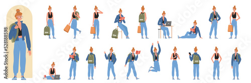 Female student character poses and actions set vector illustration. Cartoon girl studying, teenager sitting at table with laptop, walking with book and school bag and smiling isolated on white