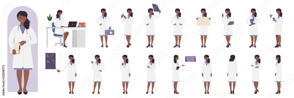 Cartoon young woman working at hospital desk, standing with first aid box, posing in front, side and back view, showing xray presentation. African american black doctor poses set vector illustration Cartoon young woman working at hospital desk, standing with first aid box, posing in front, side and back view, showing xray presentation. African american black doctor poses set vector illustration