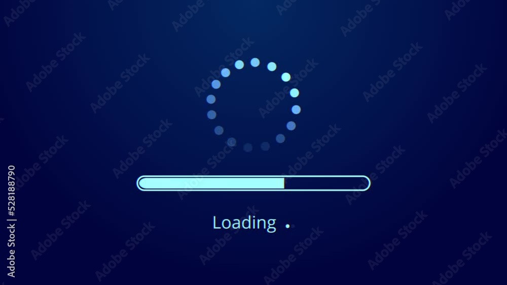 Loading circle icon animation on dark blue background. Progress bar motion graphic and circle rotating loading icon on black background.