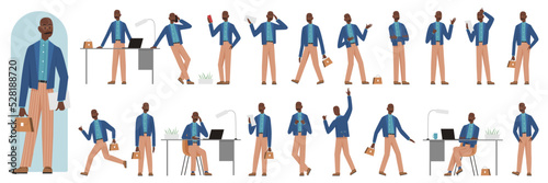 African american black teacher business man poses vector illustration set. Cartoon smiling male school teacher character posing work pupils students, teaching postures lecture lesson isolated set