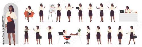Fotobehang Cartoon young female clerk in formal outfit presenting documents and business vision, showing various poses