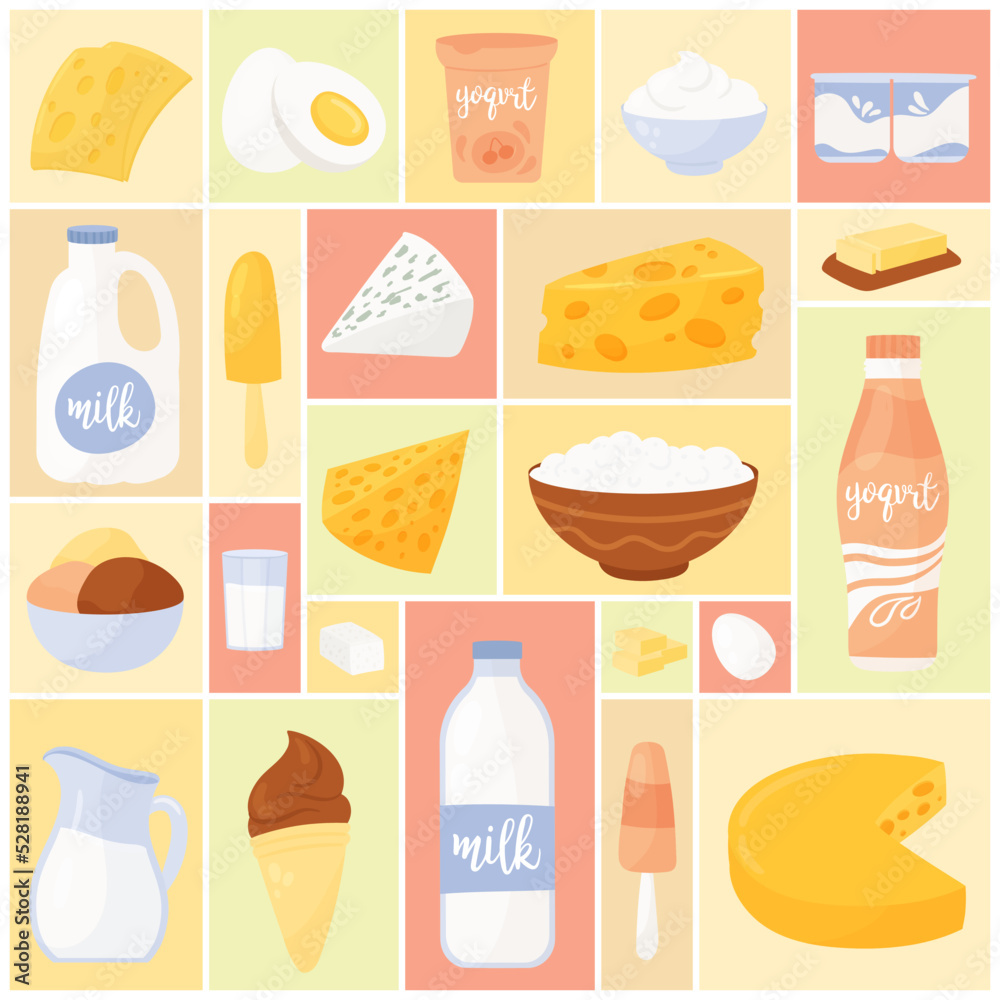 Dairy products set vector illustration. Cartoon milk in bottle and glass, package with fresh yoghurt, cottage cheese in bowl and ice cream, curd for healthy eating in geometric collage background Dairy products set vector illustration. Cartoon milk in bottle and glass, package with fresh yoghurt, cottage cheese in bowl and ice cream, curd for healthy eating in geometric collage background