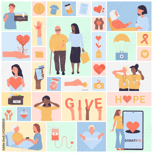 Donation and humanitarian aid from volunteers set vector illustration. Cartoon people donate and give love, help and care in square collage background. International day of charity, kindness concept