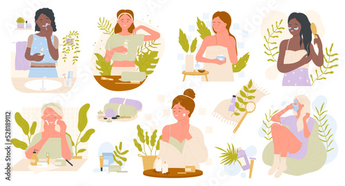 Home spa treatments and facial skin care set vector illustration. Cartoon pretty girls using cosmetic products, mask, lotion, cream and cleansers isolated. Testing cosmetics blog, reviews, influencer.
