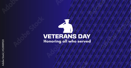 Veterans day  banner. Honoring all who served. Saluting soldier silhouette	