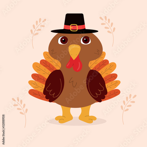 Cartoon turkey isolated on beige background. Thanksgiving card in hand drawn. Vector illustration. 