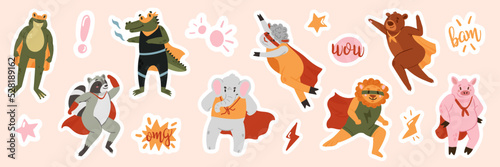 Cute superhero animals, funny stickers for kids set vector illustration. Cartoon adorable strong and brave zoo characters with costume, cape and mask fly, childish collection of happy heroes pets
