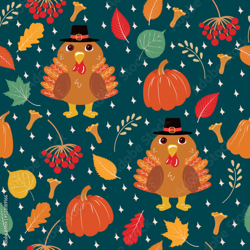 Thanksgiving background with turkey. Seamless pattern for textile, wrapping paper. Vector illustration