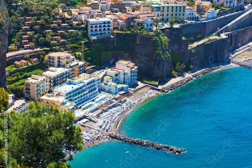 Aerial view of cliff coastline Meta di Sorrento and Gulf of Naples, Campania, Italy.