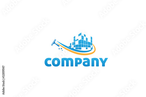Modern minimal logo design for cleaning company. Cleaning of large buildings in blue tones with the glass cleaning tool consisting of the letter t