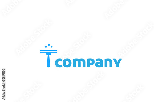 Modern minimal logo design for cleaning company. Cleaning of large buildings in blue tones with the glass cleaning tool consisting of the letter t