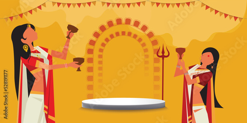 Devotees performing the traditional 'dhunuchi dance' which was organised at a Durga Puja Pandal - product podium