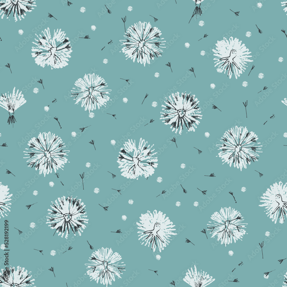 Seamless pattern with delicate dandelion flower heads on sky blue ...