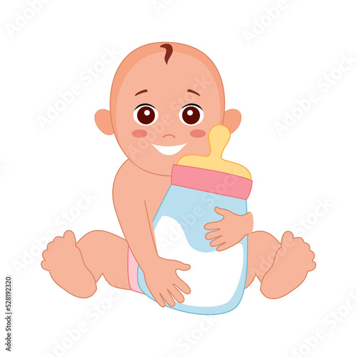 Cute infant baby with giant milk bottle in flat design on white background.
