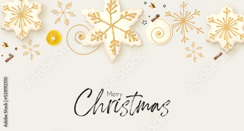 Christmas design template with cookies and orange slices. Tasty winter space.