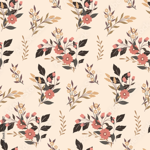 Seamless pattern with abstract botanical composition in vintage style. Romantic floral print, delicate surface design with wild plants, flowers, herbs, leaves on a pink background. Vector.