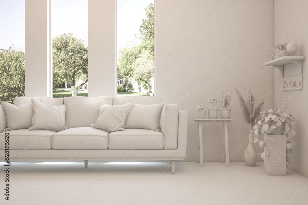 Mock up of stylish room in white color with sofa and green landscape in window. Scandinavian interior design. 3D illustration Mock up of stylish room in white color with sofa and green landscape in window. Scandinavian interior design. 3D illustration