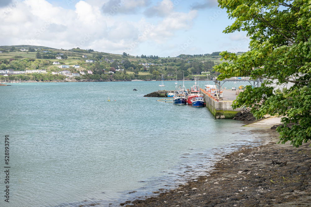 Boats moored in West Glandore Harbour at Union Hall (Bréantrá) in County Cork, Ireland