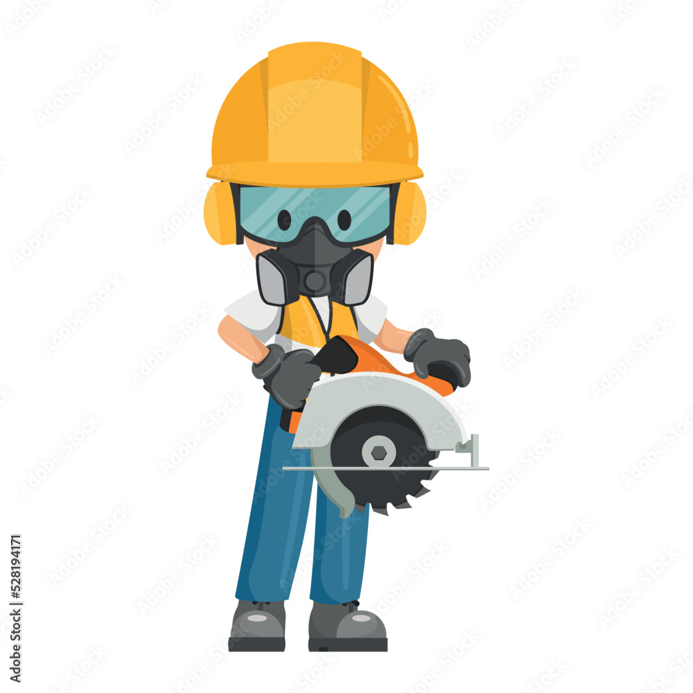 Fototapeta premium Industrial cabinetmaker or carpenter worker in his personal protective equipment using a circular woodcutter. Industrial safety and occupational health at work