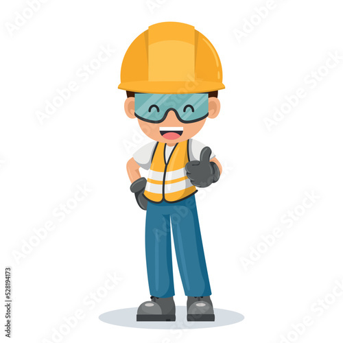 Industrial construction worker in his personal protective equipment with a thumbs up. Industrial safety and occupational health at work