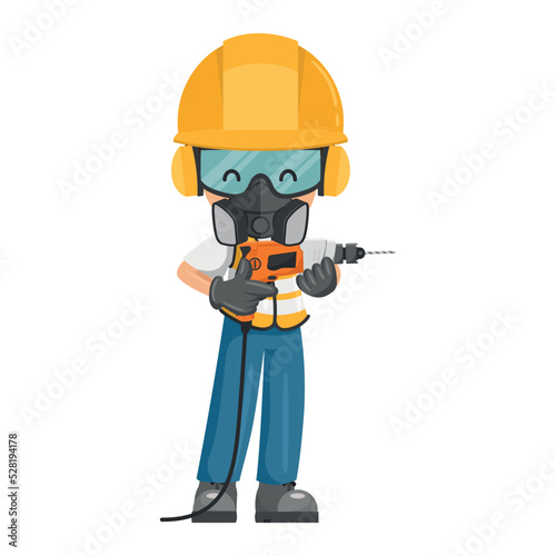 Construction industrial worker with personal protective equipment using a drill. Industrial safety and occupational health at work
