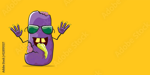 vector funny cartoon spooky violet zombie potato character isolated on orange background. Zombie potato vector concept halloween background and label. Dead monster vegetable funky character