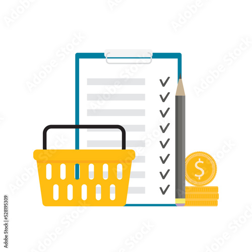 Checklist to supermarket, planning budget and check purchases