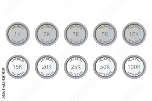 Set of badge labels with numbers of followers, 5k, 10k, 100k