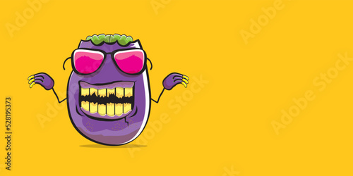 vector funny cartoon spooky violet zombie potato character isolated on orange background. Zombie potato vector concept halloween background and label. Dead monster vegetable funky character