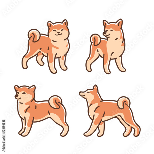 Cartoon dog icon set. Different poses of akita inu. Vector illustration for prints, clothing, packaging, stickers.