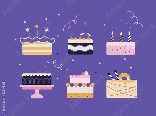 Vector illustration of colorful cakes isolated on purple background.