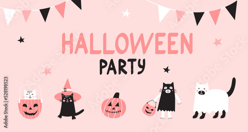 Vector funny Halloween party banner with cute cats and pumpkins. Hand written Halloween party lettering. Pastel colors design.