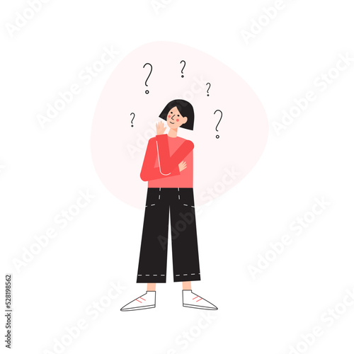 Vector flat illustration with woman thinking about his options. Deсision making process.